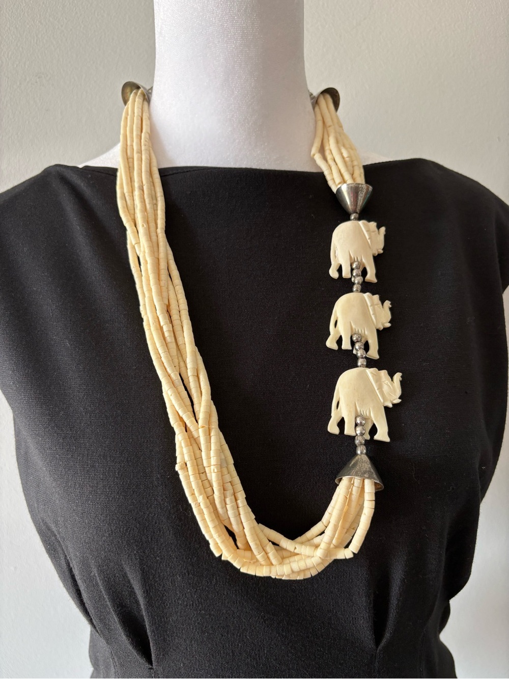 Elephant Necklace Carved Bone 8 Strand Boho Tribal Multi Strand Statement Piece